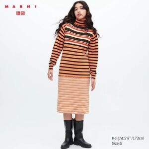 Marni Orange, Black & Cream Striped Turtleneck Midi Dress